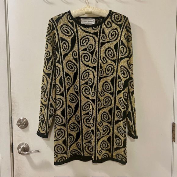 VTG Adrienne Vittadini Gold Black Glitters Wool Blend Tunic Sweater Size LG/XL - Picture 3 of 10